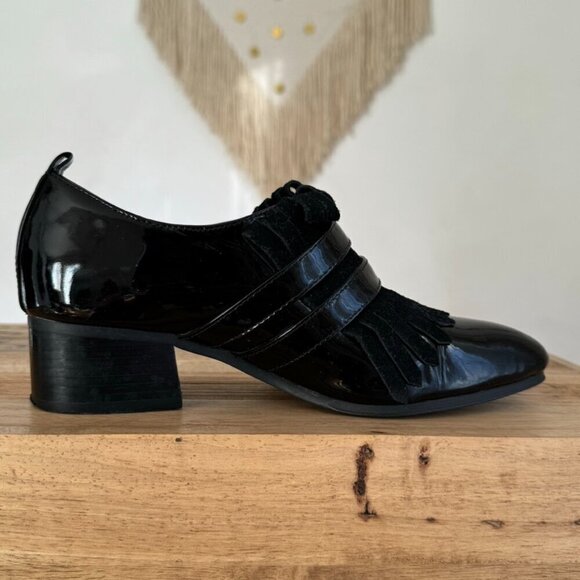 Shellys London Salisbury Black Patent Leather Fringe Silver Buckle Loafer Size 6 - Picture 11 of 17